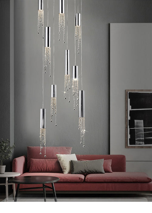 Hanging crystal light fixture for lobby, staircase, loft, stairwell