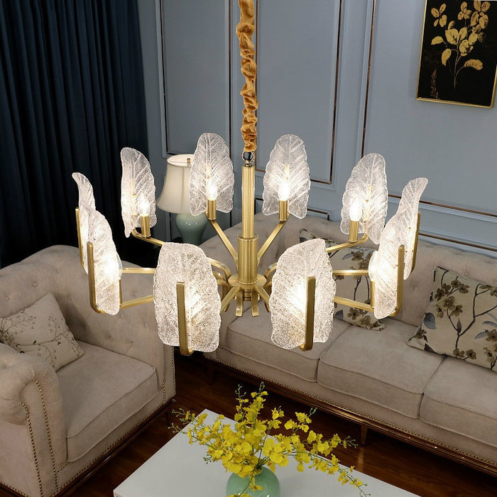 MIRODEMI® Luxury Brass Chandelier with Leaves of Frosted Glass for Living Room