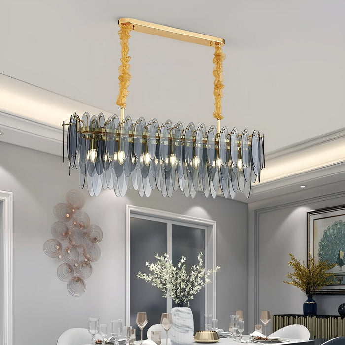 Oostende | Smoky Gray, Blue and Gold Frosted Glass Rectangle Crystal Chandelier