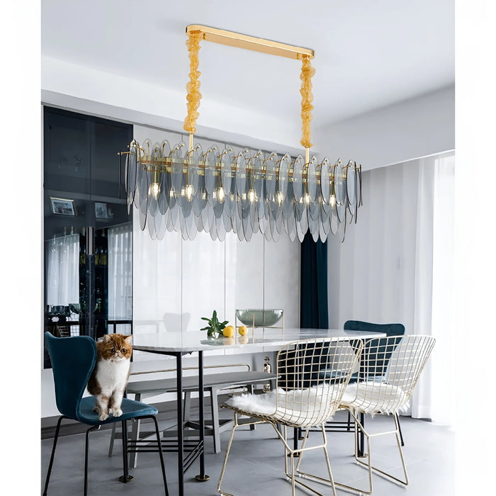 Oostende | Smoky Gray, Blue and Gold Frosted Glass Rectangle Crystal Chandelier