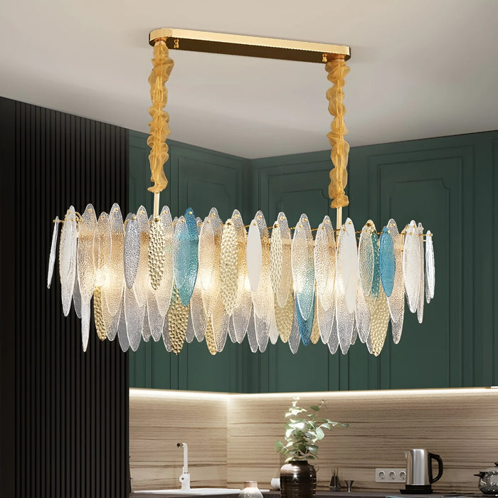 Oostende | Smoky Gray, Blue and Gold Frosted Glass Rectangle Crystal Chandelier