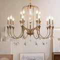Imperial Crystal Chandelier 10-light version with brass arms and hanging crystal pendants