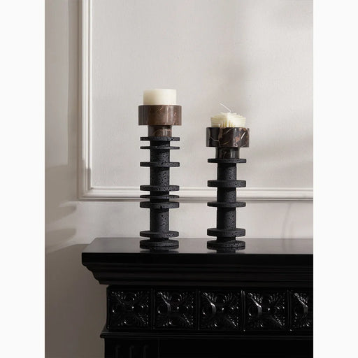 Marble|Travertine|Stone|Large|Pillar|Candle|Holder|Black|Brown