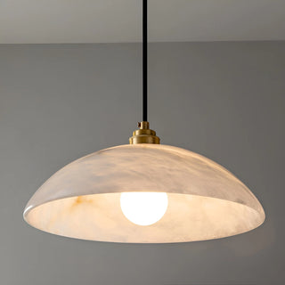Bottom view of Lunara pendant light - alabaster shade with soft translucent diffusion and brass fixture
