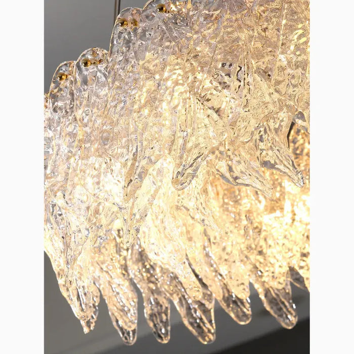 MIRODEMI Acquafondata Rectangle Gold Frosted Glass Leaf Chandelier Details With Light On