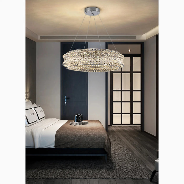 Mirodemi® Albano Vercellese is a creative round crystal chandelier with a chic chrome and gold finish.