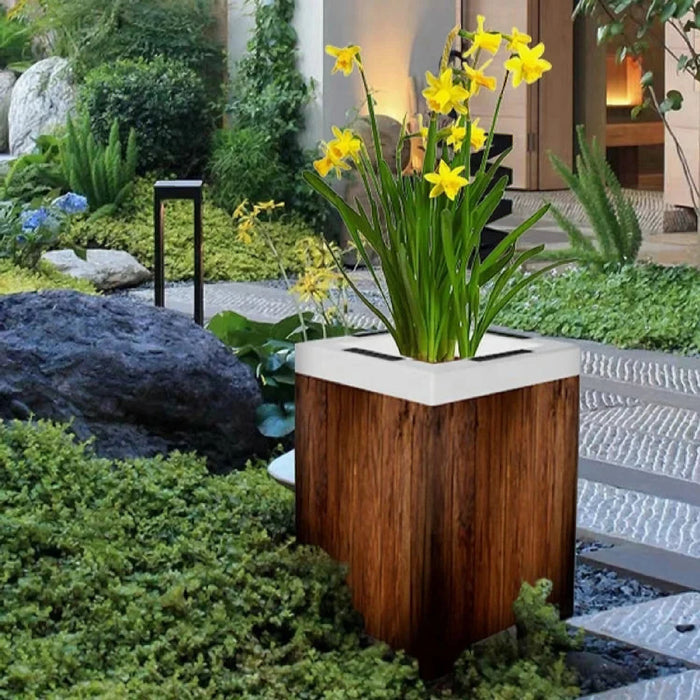 Decorative Wooden Flower Pot Solar Powered Led Light for Garden
