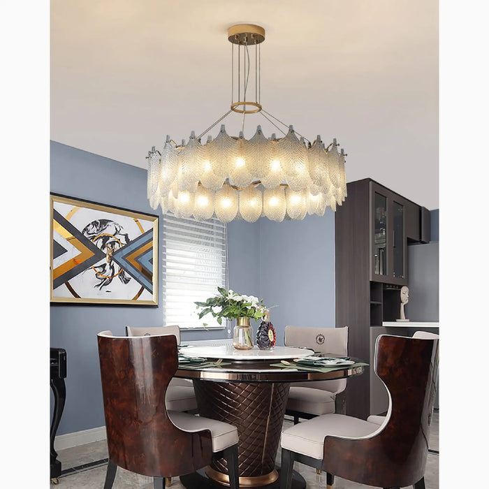MIRODEMI® Algua | Round Gold Leaf White Frosted Glass Chandelier for Dining Room