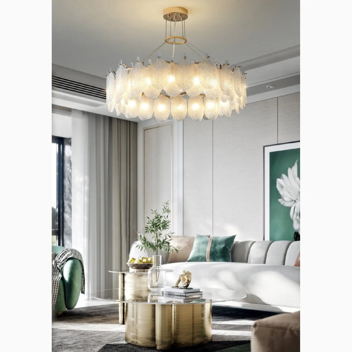 MIRODEMI® Algua | Round Gold Leaf White Frosted Glass Chandelier for the Best Living Room