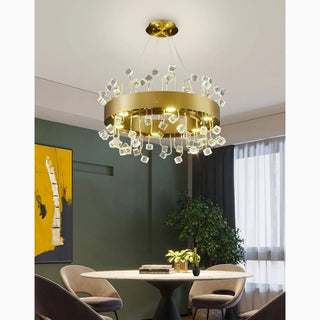 MIRODEMI Alpignano | Gold Round Colorful Crystal Chandelier for Dining Room