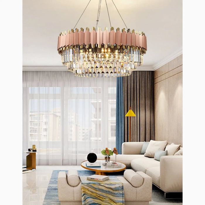 MIRODEMI® Alseno | Luxury Drum Gold/Pink Round Crystal LED Chandelier For Living Room