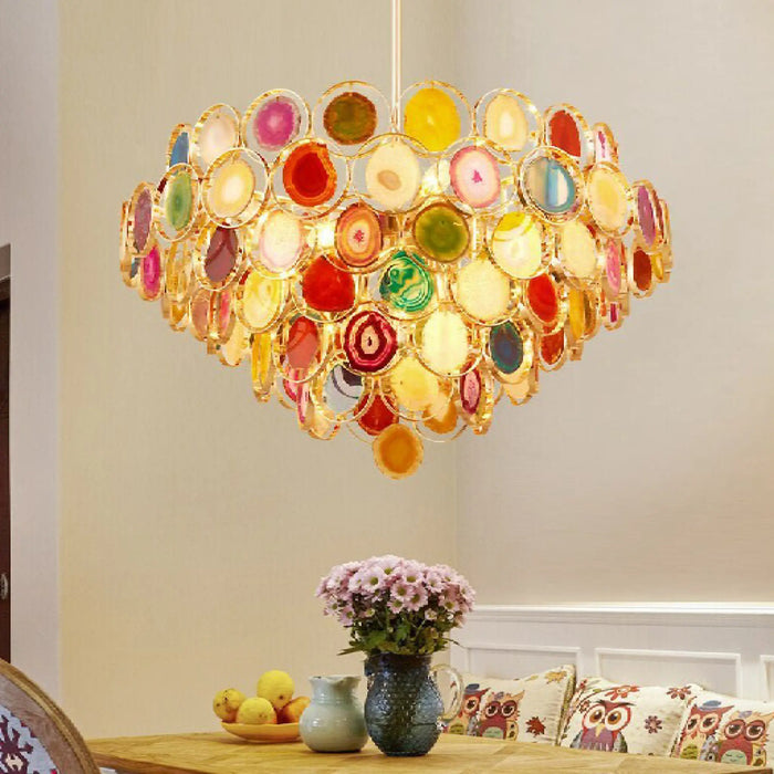 MIRODEMI® Altavilla Milicia | Elite Gold Round Colorful Agate Stone Bohemian Style Chandelier for Living Room