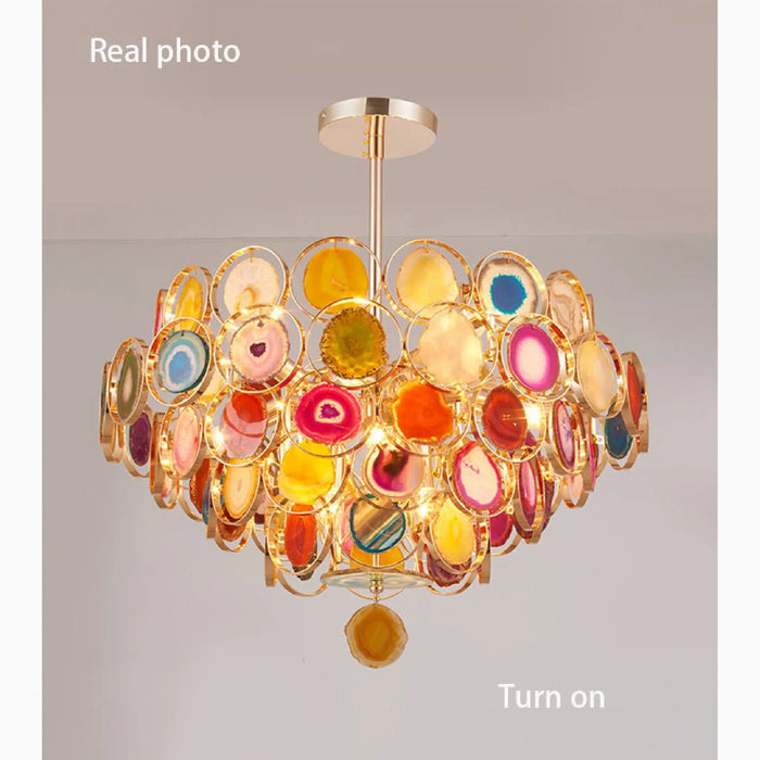 MIRODEMI® Altavilla Milicia | Gold Round Colorful Agate Stone Bohemian Style Chandelier for Living Room | Real Photo