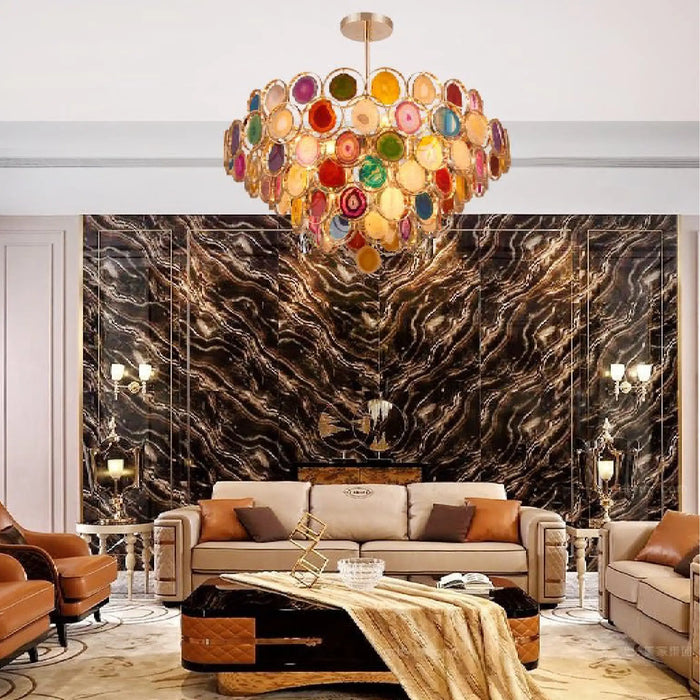 MIRODEMI® Altavilla Milicia | Pretty Gold Round Colorful Agate Stone Bohemian Style Chandelier for Living Room