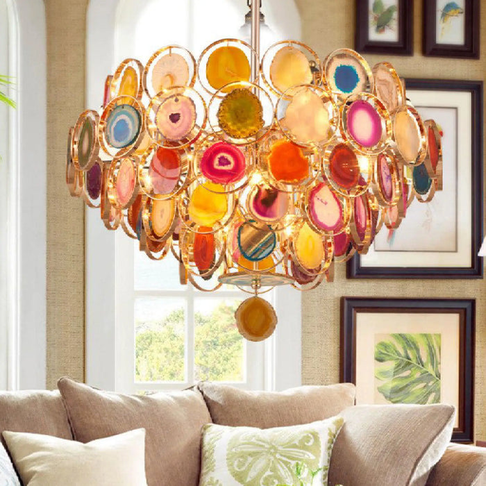 MIRODEMI® Altavilla Milicia | Gold Round Colorful Agate Stone Bohemian Style Chandelier for Living Room