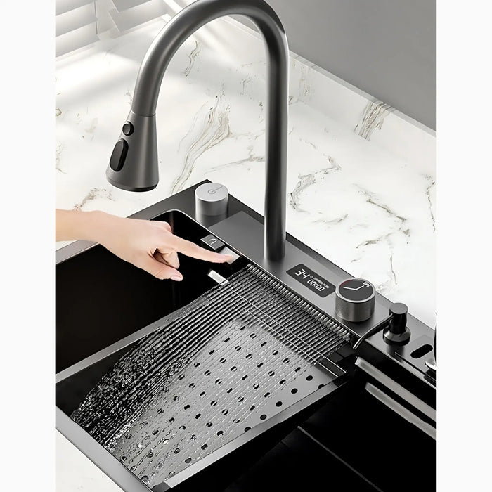 MIRODEMI® Alzano Scrivia | Incredible Modern Stainless Steel Waterfall Sink 304 with Digital Display Multifunction Touch for Kitchen