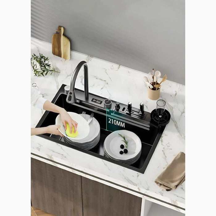 MIRODEMI® Alzano Scrivia | Modern Stainless Steel Waterfall Sink 304 with Digital Display Multifunction Touch for Pretty Lovely Kitchen