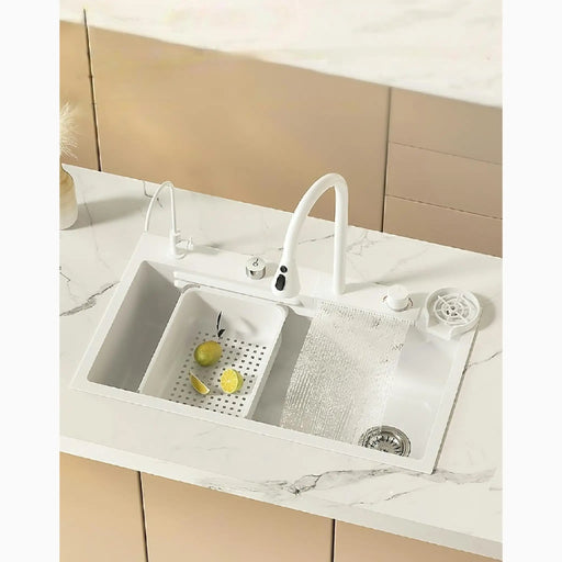 MIRODEMI® Amalfi | Ultramodern White Sink Made of Nano 304 Stainless Steel with Waterfall Faucet for Kitchen