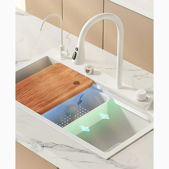 MIRODEMI® Amalfi | Ultramodern White Sink Made of Nano 304 Stainless Steel with Waterfall Faucet for Classy Kitchen