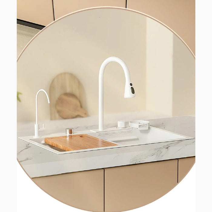 MIRODEMI® Amalfi | Ultramodern White Sink Made of Nano 304 Stainless Steel with Waterfall Faucet for Gorgeous Kitchen