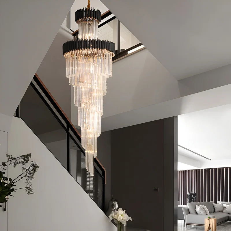 Art Deco Black and Gold Crystal Chandelier for Hall and Stairwell