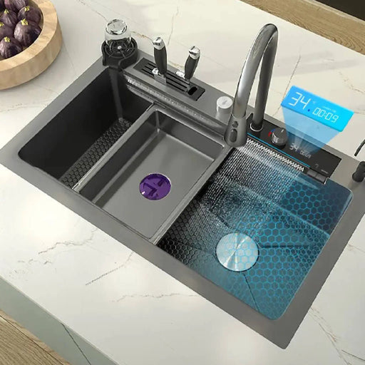 MIRODEMI® Bagnatica | Digital Stylish Waterfall Kitchen Sink with Honeycomb Embossed Washbasin
