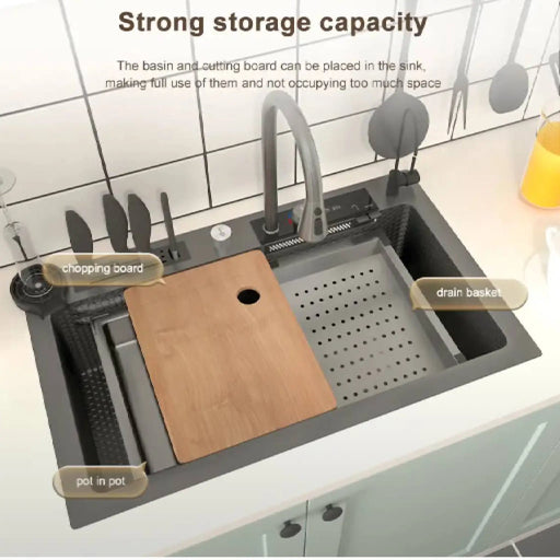 MIRODEMI® Bagnatica | Digital Stylish Waterfall Kitchen Sink with Honeycomb Embossed Classy Washbasin