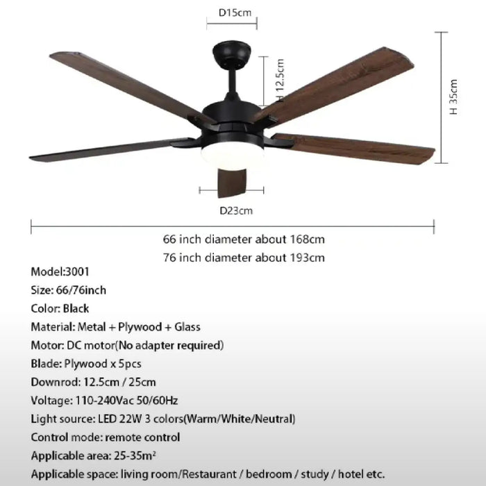 66" Decorative LED White Wooden Ceiling Fan with Remote Control Parameters