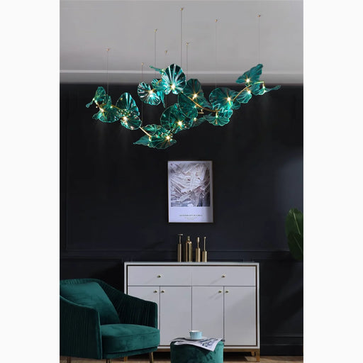 MIRODEMI® Cagliari | Unique Green Glass Leaves Shaped Pendant Chandelier For Living Room