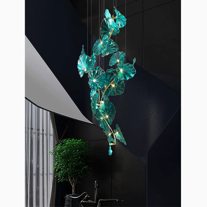 MIRODEMI® Cagliari | Unique Green Glass Leaves Shaped Pendant Chandelier For Stairwell