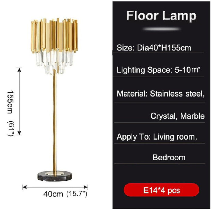 MIRODEMI® Glarus | Gold Stainless Steel Crystal Modern Floor Lamp for Living Room, Bedroom, Home, Hall