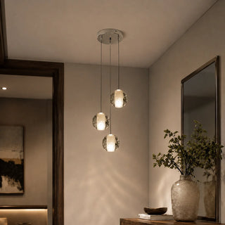 Three-light Lenno crystal bubble-glass globe pendant cluster with a chrome round base in a modern entryway