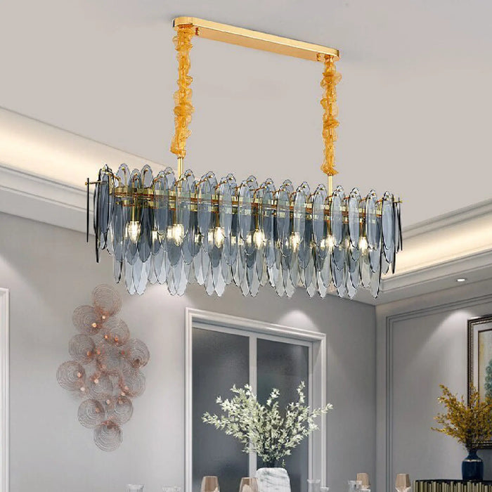 MIRODEMI® Oostende | Smoky Gray, Blue and Gold Frosted Glass Rectangle Crystal Chandelier for Living Room