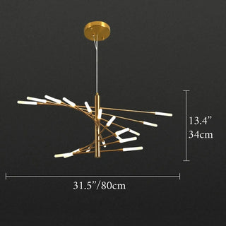 Golden LED chandelier with linear spiral arms