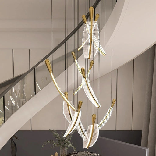 MIRODEMI® Cagnes-sur-Mer | Crystal Gold Feathers Chandelier for Stairwell
