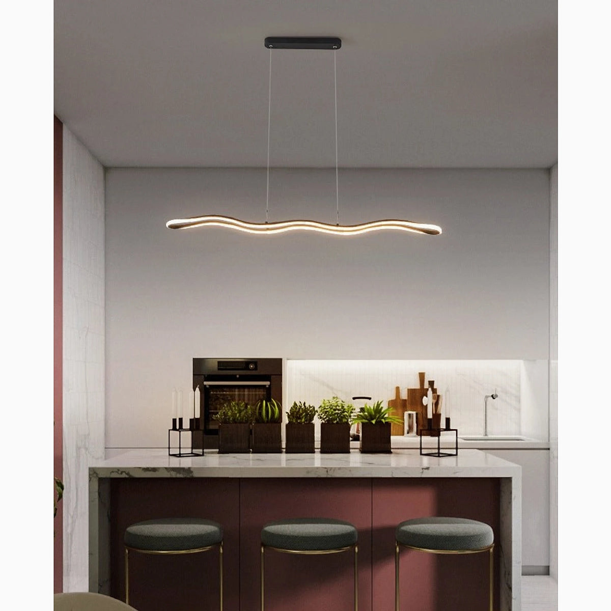 Modern wave LED pendant light in white finish for dining room