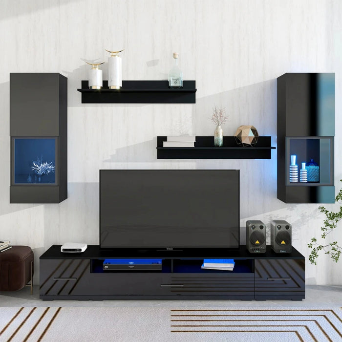 MIRODEMI Nysa Minimalistic Black Glossy Veneer TV Stand with Matching Set of Cabinets and Shelves
