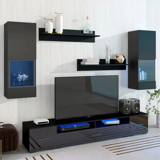 MIRODEMI Nysa Minimalistic Black White Glossy TV Stand with Matching Set of Cabinets and Shelves