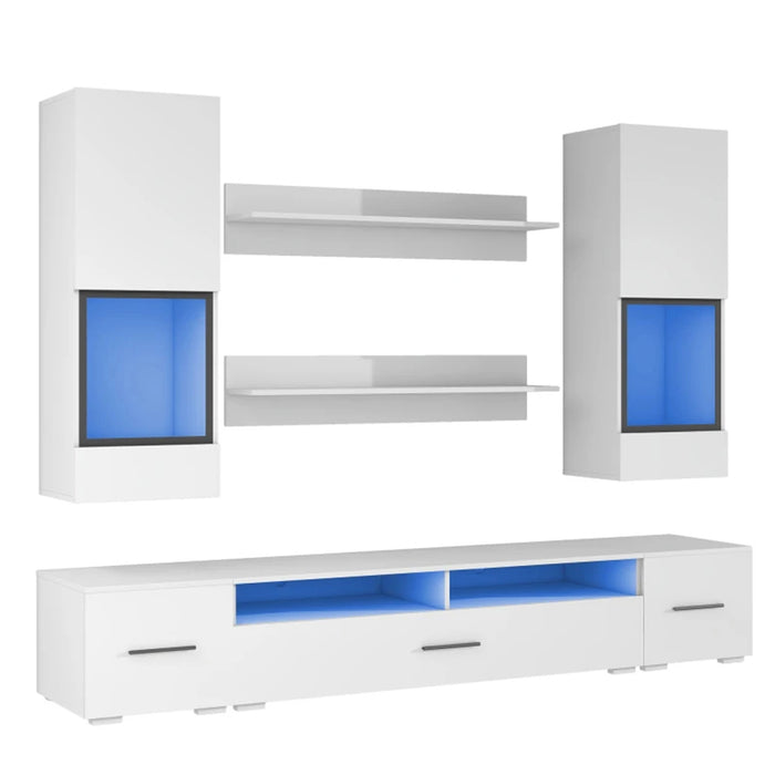 Mirodemi Nysa White Glossy TV Stand LED Lighting and with Matching Set of Cabinets and Shelves