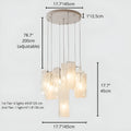 Size chart of 2-tier modern chandelier with frosted glass shades showing 6 lights on first tier and 1 light on second tier