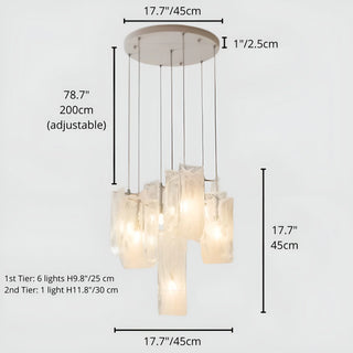 Size chart of 2-tier modern chandelier with frosted glass shades showing 6 lights on first tier and 1 light on second tier