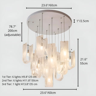 Dimensions of 3-tier modern glass chandelier with layered lighting configuration and multiple frosted glass shades