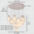 Large 4-tier modern chandelier size diagram with multiple glass shades and detailed tier lighting configuration