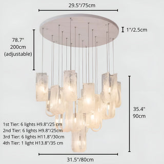 Large 4-tier modern chandelier size diagram with multiple glass shades and detailed tier lighting configuration