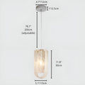 Dimensions diagram of modern glass pendant light with U-shaped textured shade and adjustable suspension cable
