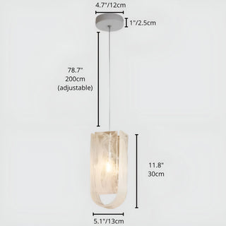 Dimensions diagram of modern glass pendant light with U-shaped textured shade and adjustable suspension cable