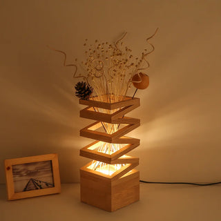 Vase|Wooden|Wood|Table|Lamp|Bedside|LED|Naturel