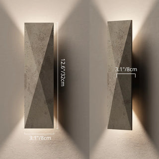 Detailed size diagram of the travertine wall light showing height and depth measurements in inches and centimeters