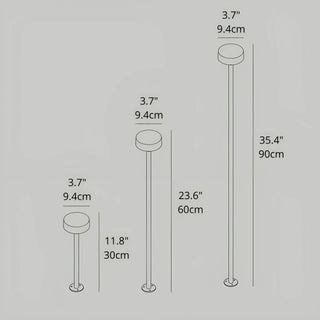 Technical drawing showing three height options and dimensions of the outdoor LED path lights