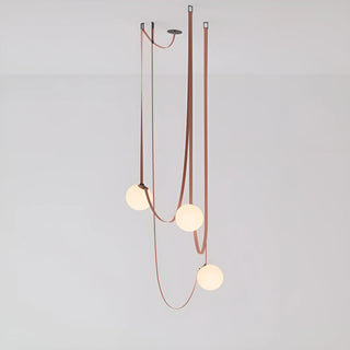 Three-globe Scandinavian pendant light with leather belts and glass spheres, minimalist Italian design chandelier